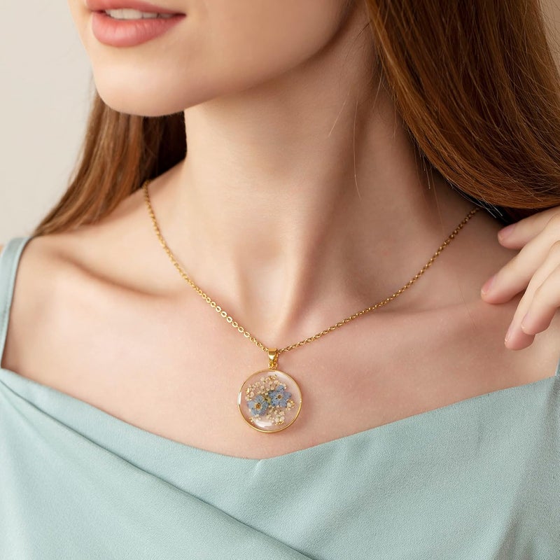 AUNTESIGN Store Forget-Me-Not and Queen Anne's Lace Pressed Wildflower Necklace | Birth Month Real Flower Necklace | Gold/Silver Pressed Flower Jewelry | Personalized Handmade Jewelry - Image 2